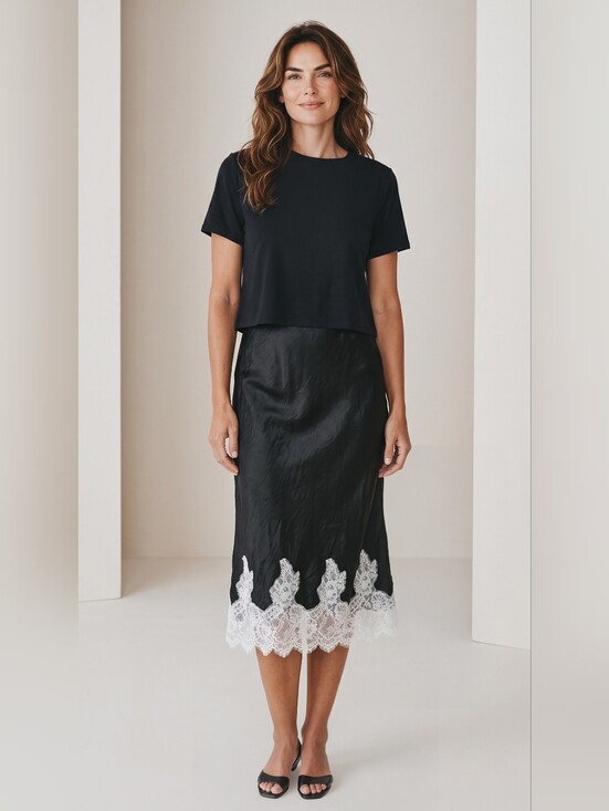 Betty Chow Dresses & Skirts - Betty Chow Black Short-Sleeve T-Shirt with Lace Slip Hem Dress..Size Large